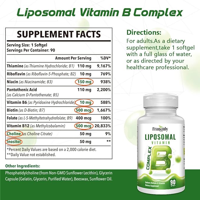 Active B Complex Liposomal B Vitamins with Choline Inositol, 90 Softgels High Potency B1, B2, B3, B5, B6, Biotin, Folate, Methylated B12- Immune, Energy, Brain Heart Support Supplements