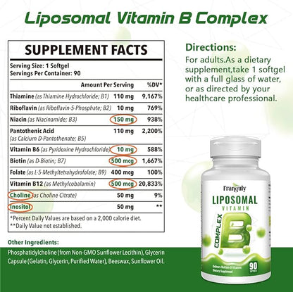Active B Complex Liposomal B Vitamins with Choline Inositol, 90 Softgels High Potency B1, B2, B3, B5, B6, Biotin, Folate, Methylated B12- Immune, Energy, Brain Heart Support Supplements