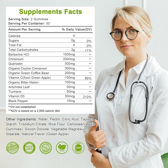 Sugar-Free Berberine Supplement Gummies, Original Berberine HCL 1500mg with Ceylon Cinnamon, Quercetin, Multivitamin, Support Immune & Gastrointestinal Function & Metabolism for Women & Men