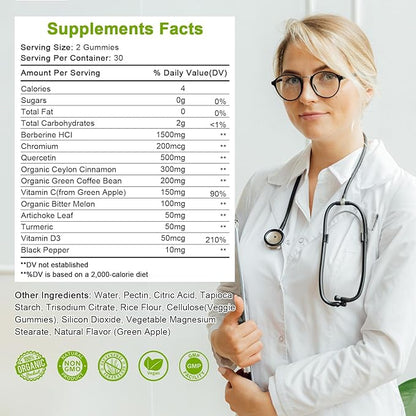 Sugar-Free Berberine Supplement Gummies, Original Berberine HCL 1500mg with Ceylon Cinnamon, Quercetin, Multivitamin, Support Immune & Gastrointestinal Function & Metabolism for Women & Men