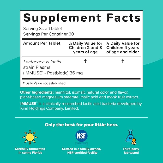 Renzo's Roll Call Immunity, Daily Postbiotic – Dissolvable Kids Immune Support Supplement - Sugar-Free Kids Vitamins, 30 Orange-Flavored Melty Tabs