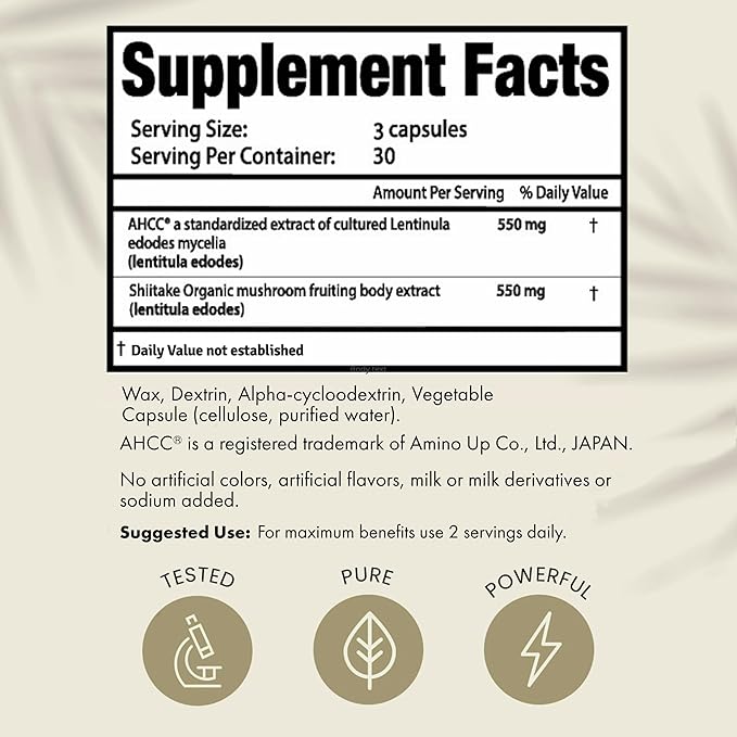 Premium AHCC & Shiitake Mushroom 1100 mg per Serving Supplement, Natural Immunity Booster, Maintains Natural Killer Cell Activity | AHCC is Proven in 30+ Studies | 30-Day Supply, 1-Pack