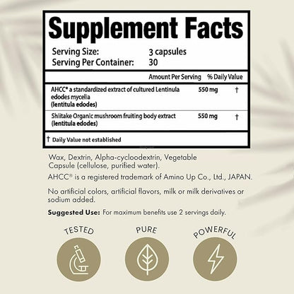 Premium AHCC & Shiitake Mushroom 1100 mg per Serving Supplement, Natural Immunity Booster, Maintains Natural Killer Cell Activity | AHCC is Proven in 30+ Studies | 30-Day Supply, 1-Pack