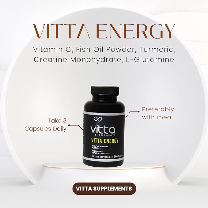 Vitta Energy Capsules | Vitamin C, Fish Oil Powder, Turmeric, Creatine Monohydrate, L-Glutamine | 90 Capsules