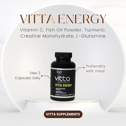 Vitta Energy Capsules | Vitamin C, Fish Oil Powder, Turmeric, Creatine Monohydrate, L-Glutamine | 90 Capsules