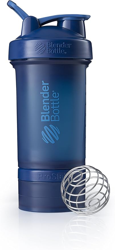 BlenderBottle Shaker Bottle with Pill Organizer and Storage for Protein Powder, ProStak System, 22-Ounce, Navy