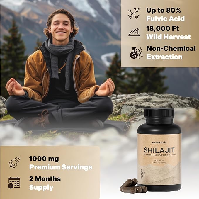 Pure Himalayan Organic Shilajit Resin Extract - 1000mg Max Potency, 85+ Trace Minerals, Humic & Fulvic Acid, Shilajit for Men & Women, Immune Support, Energy & Cognition, 2 Month Supply, 120 Capsules