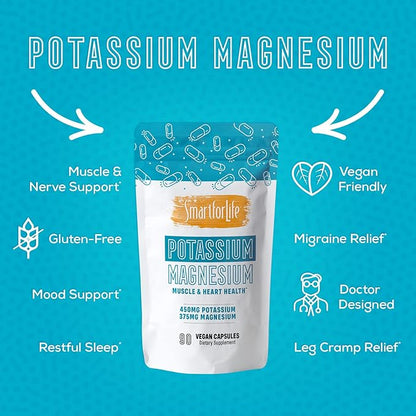 SMART FOR LIFE Potassium Magnesium Supplement – High Absorption Magnesium Complex – 90 Vegan Capsules - Magnesium and Potassium Supplement for Vascular Health, Magnesium for Leg Cramps and Sleep 90 ct