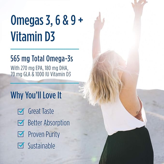 Nordic Naturals Complete Omega-D3, Lemon Flavor - 565 mg Omega-3 + 70 mg GLA + 1000 IU Vitamin D3-60 Soft Gels - EPA & DHA - Healthy Skin & Joints, Cognition, Positive Mood - Non-GMO - 30 Servings