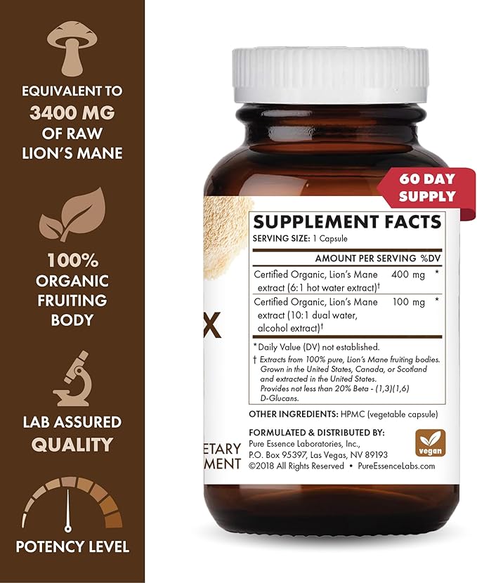 PURE ESSENCE LABS MyPure Lion's Mane 4X - Ultra Strength Brain Support Supplement with 6:1 Hot Water Extract & 10:1 Extract for Cognitive Health, Focus, Memory & Mental Clarity, 60 Capsules