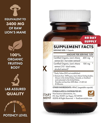 PURE ESSENCE LABS MyPure Lion's Mane 4X - Ultra Strength Brain Support Supplement with 6:1 Hot Water Extract & 10:1 Extract for Cognitive Health, Focus, Memory & Mental Clarity, 60 Capsules