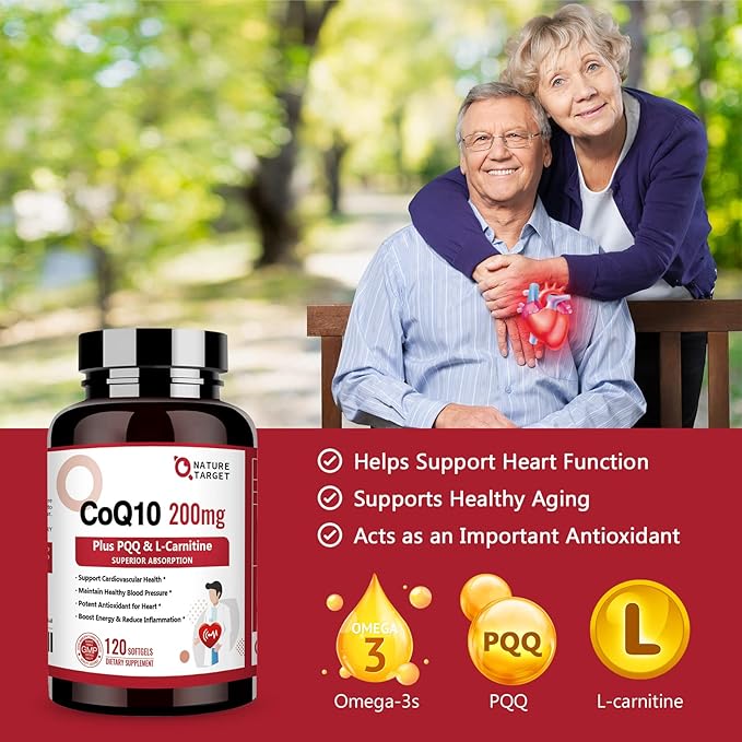 NATURE TARGET CoQ10-200mg with PQQ L-Carnitine & Omega-3s, High Absorption Coenzyme-Q10 with BioPerine, Supports Heart and Immune System, Cellular-Energy-Production, 120 Servings
