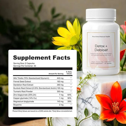 Nourished Natural Detox + Debloat - Milk Thistle & Dandelion Root Vegan Supplement for Women - Bloating Relief & Digestion Support - 3 Bottles