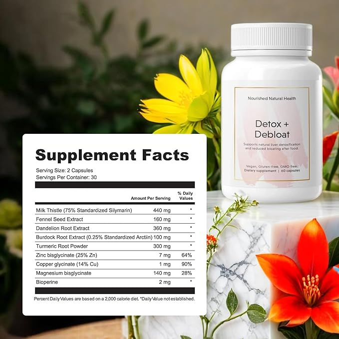 Nourished Natural Detox + Debloat - Milk Thistle & Dandelion Root Vegan Supplement for Women - Bloating Relief & Digestion Support - 3 Bottles