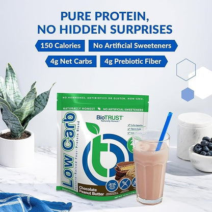 BioTrust Low Carb Protein Powder – Delicious Whey & Casein Blend from Grass-Fed Hormone Free Cows – Non GMO, Gluten Free (Chocolate Peanut Butter)
