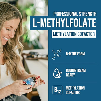 L Methyl Folate 15mg plus Methyl B12 Cofactor - Professional Strength, Active 5-MTHF Form - Supports Mood, Methylation, Cognition – Bioactive forms of Vitamin B9 & B12 (60 Capsules)