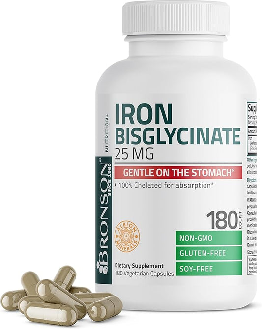 Bronson Iron Bisglycinate 25 mg Gentle on The Stomach, Supports Energy & Healthy Red Blood Cell Production - Non-Constipating Formula - Non GMO, 180 Vegetarian Capsules
