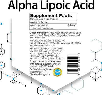BetiVite Alpha Lipoic Acid Supplements, Alpha Lipoic Acid 250 mg, 60 Vegetarian Capsules