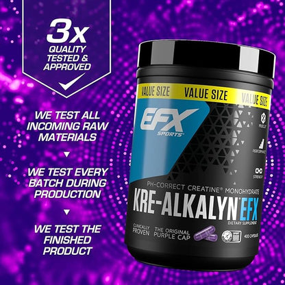EFX Sports Kre-Alkalyn EFX | pH Correct Creatine Monohydrate Pill Supplement | Strength, Muscle Growth & Performance | 200 Servings, 400 Capsules