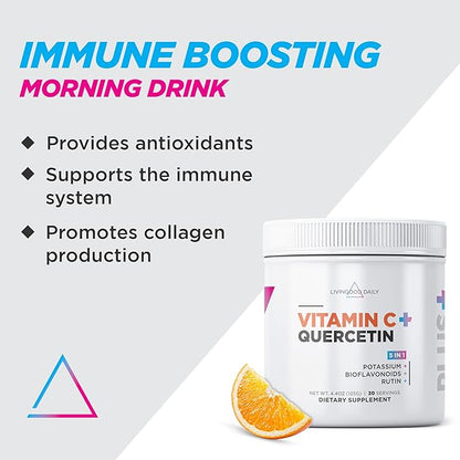 Livingood Daily High Dose Vitamin C Powder Supplement - 2,600mg Ascorbic Acid Powder Supports Immunity & Skin Health - Powdered Vitamin C with Quercetin & Citrus Bioflavonoids - Vegan, 30 Servings