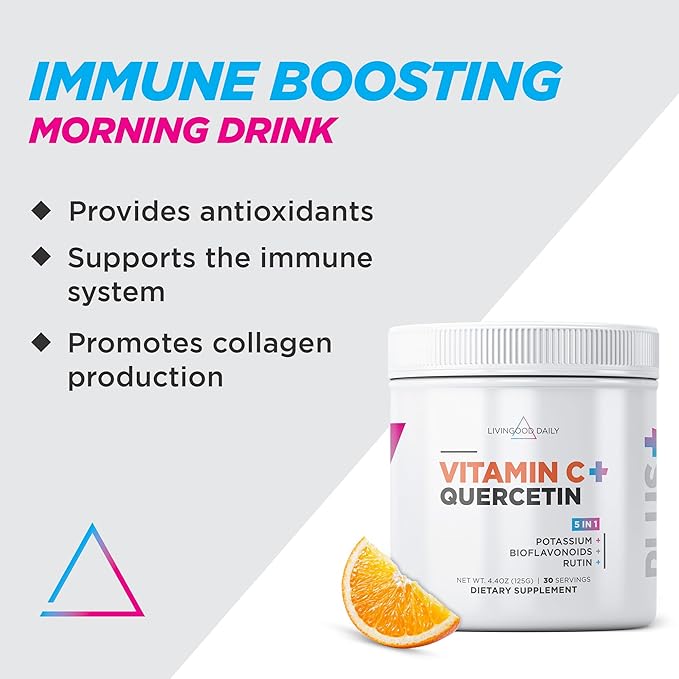 Livingood Daily High Dose Vitamin C Powder Supplement - 2,600mg Ascorbic Acid Powder Supports Immunity & Skin Health - Powdered Vitamin C with Quercetin & Citrus Bioflavonoids - Vegan, 30 Servings