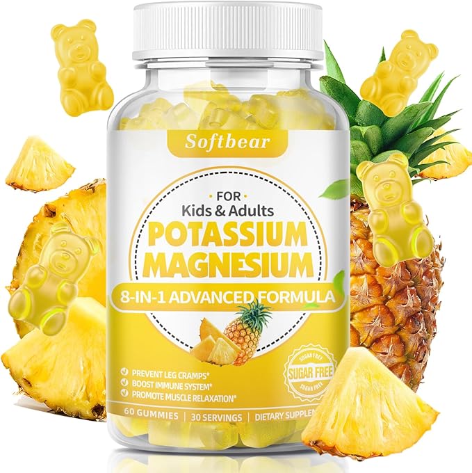 softbear Potassium Gummies for Adults, Sugar-Free Potassium Magnesium Supplement with Vitamin B6 CoQ10 for Leg Cramps Muscle Health Vegan Pineapple Flavor 60 Gummies