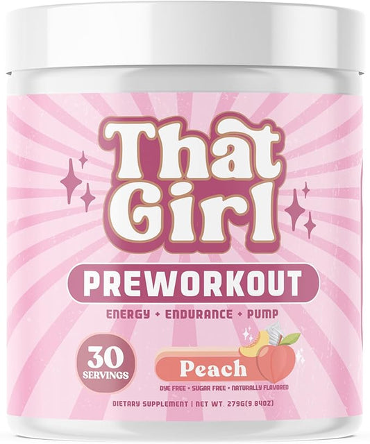 That Girl Pre Workout for Women - Slay Your Gym Sesh with Pure Fire Energy & Mega Pumps - 100% Natural & Clean - Delish Peach Flavor - 30 Servings