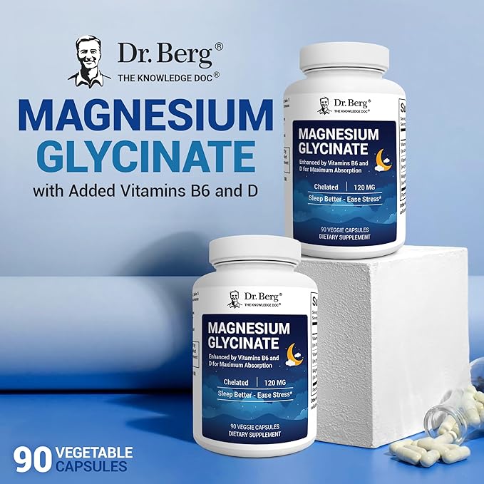 Dr. Berg Magnesium Glycinate with Vitamin D & B6 for Stress Relief, Calm, Relaxation, & Good Sleep* - 120 mg Magnesium Bisglycinate Capsules - High Absorption Chelated Magnesium Glycinate - 90 Caps
