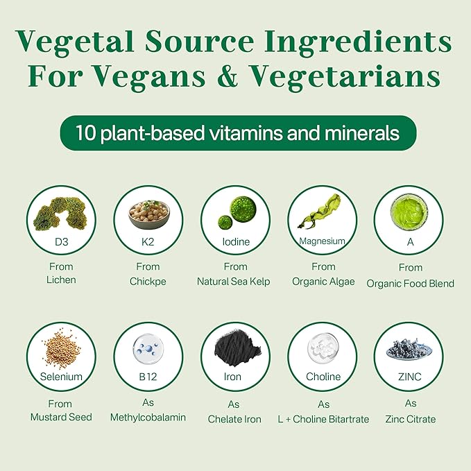 Multivitamin for Vegans & Vegetarians w/ Vitamin D3 K2, Methyl B12, Iron, Zinc, Choline, Algae Omega 3 from Sustainable Source, Women Men Daily Vitamins Gummies for Overall Wellness, No Sugar, 60 Cts