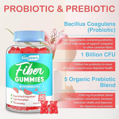 Fiber Gummies for Adults, Fiber Gummies for Women & Men, Fiber Gummies for Regularity, Digestion & Gut Health, 5 Prebiotics Complex, Inulin, Fos, Chicory Root - Fiber 5g, Sugar Free, 5 Packs
