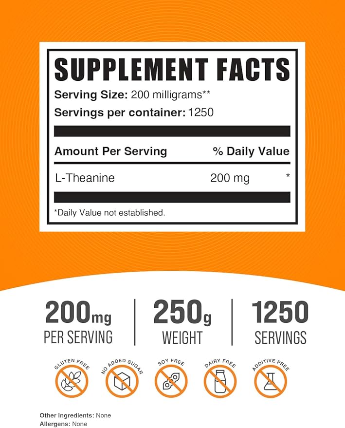 BulkSupplements.com L-Theanine Powder - L-Theanine Supplement, L-Theanine 200mg - Amino Amino Supplement, Pure & Gluten Free, 200mg per Serving, 250g (8.8 oz) (Pack of 1)