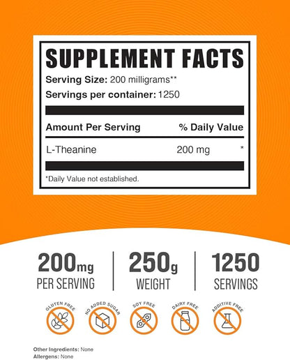 BulkSupplements.com L-Theanine Powder - L-Theanine Supplement, L-Theanine 200mg - Amino Amino Supplement, Pure & Gluten Free, 200mg per Serving, 250g (8.8 oz) (Pack of 1)