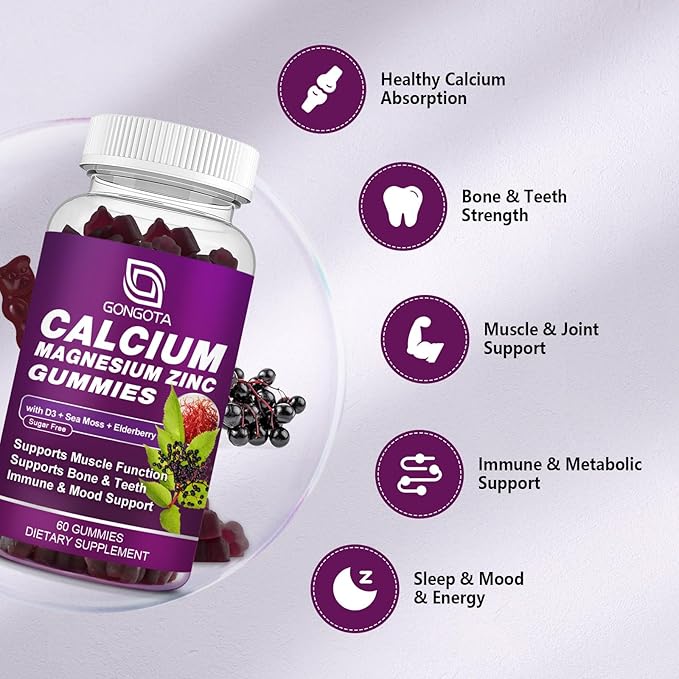 Calcium Magnesium Zinc with Vitamin D3 Supplement, Highly Absorbent Calcium Gummies with 300mg Magnesium glycinate Support Bone & Teeth, Muscle for Adults and Teens,Sugar Free, Vegan - 60 Count