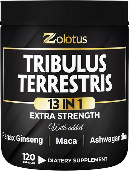 Zolotus 13in1 Tribulus Terrestris Capsules with Maca, Horny Goat Weed, Panax Ginseng, Saw Palmetto, Tongkat Ali, Shilajit & More - Energy, Stamina Supplement for Men & Women - 120 Counts