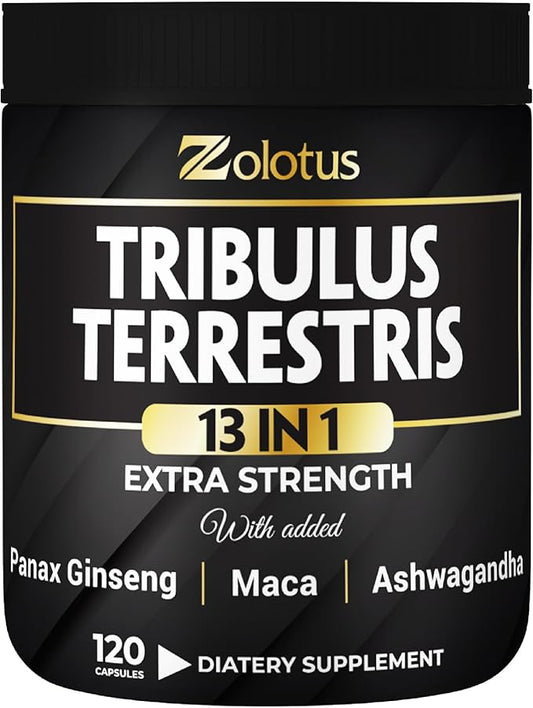 Zolotus 13in1 Tribulus Terrestris Capsules with Maca, Horny Goat Weed, Panax Ginseng, Saw Palmetto, Tongkat Ali, Shilajit & More - Energy, Stamina Supplement for Men & Women - 120 Counts