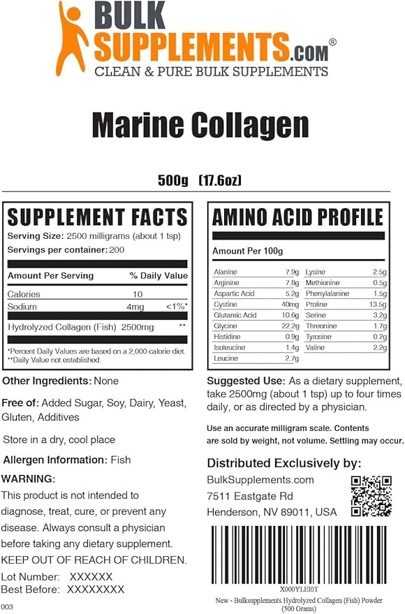 BulkSupplements.com Marine Collagen Powder - Collagen Supplement, Hydrolyzed Collagen Powder, Marine Collagen Peptides Powder - Gluten Free, 2500mg per Serving, 500g (1.1 lbs) (Pack of 1)