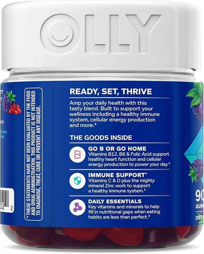 OLLY Men's Multivitamin Gummy, Vitamins A, C, D, E, B, Zinc, Blackberry Flavor, 45 Day Supply - 90 Count