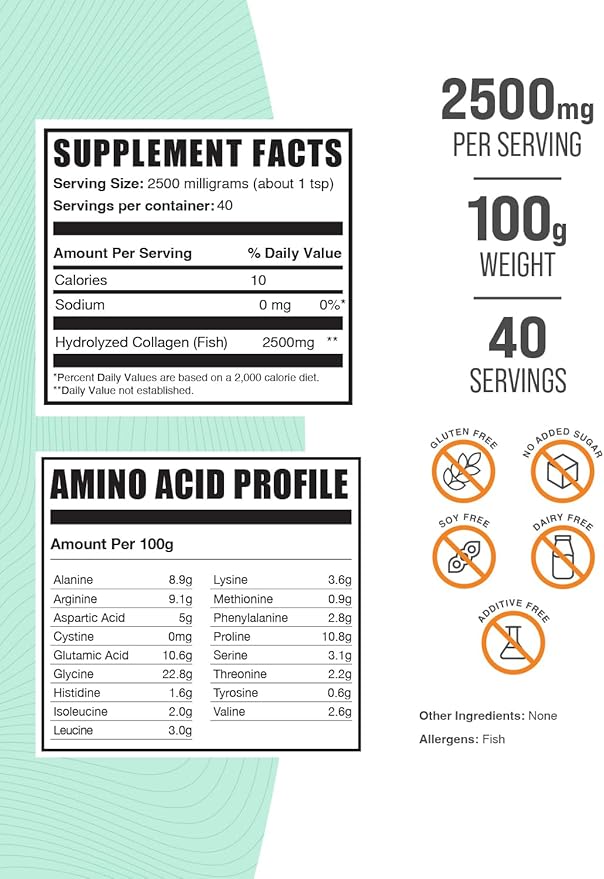 BulkSupplements.com Marine Collagen Powder - Collagen Supplement, Hydrolyzed Collagen Powder, Marine Collagen Peptides Powder - Gluten Free, 2500mg per Serving, 100g (3.5 oz) (Pack of 1)