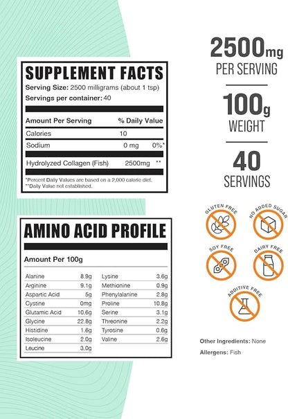 BulkSupplements.com Marine Collagen Powder - Collagen Supplement, Hydrolyzed Collagen Powder, Marine Collagen Peptides Powder - Gluten Free, 2500mg per Serving, 100g (3.5 oz) (Pack of 1)