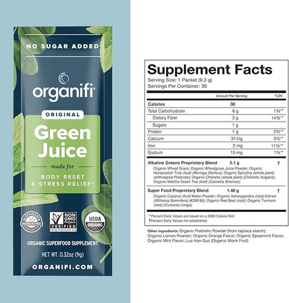 Organifi: GO Packs - Green Juice - Organic Superfood Supplement Powder - 30 Travel Packs - Organic Vegan Greens - Hydrates and Revitalizes