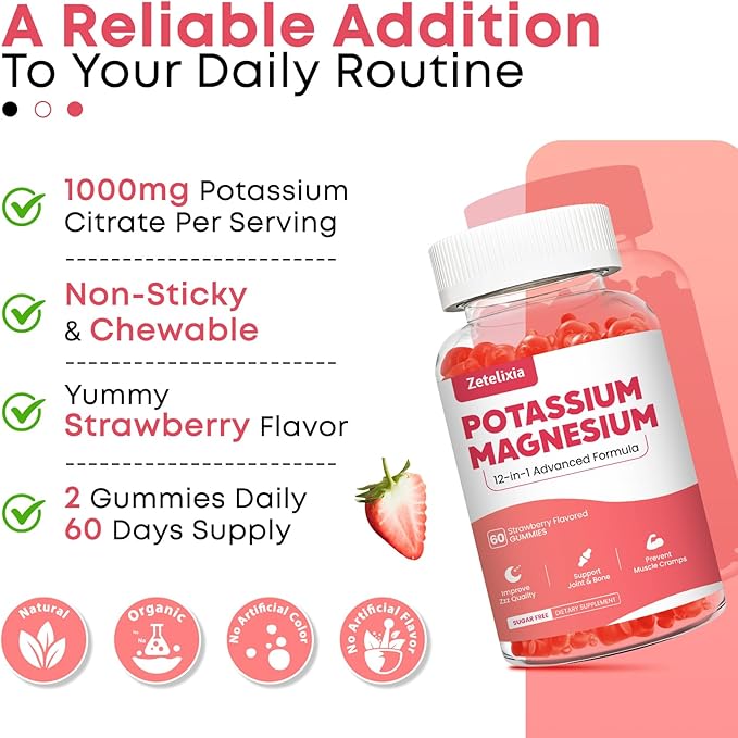 Potassium Magnesium Supplement Gummies for Adults Kids, Magnesium Glycinate Gummies 600mg & Potassium Citrate 1000mg, Plus Multivitamin,Omega-3 & Black Pepper, Leg Cramps, Muscle & Heart Health, 120ct