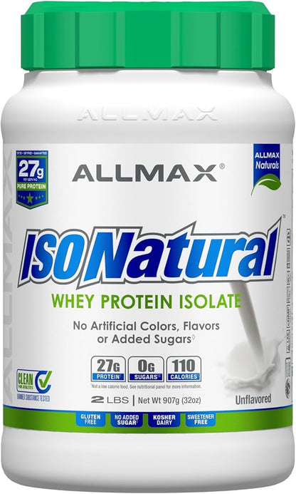 ALLMAX ISONATURAL Whey Protein Isolate, Unflavored - 2 lb - 27 Grams of Protein Per Scoop - Zero Fat & Sugar - 99% Lactose Free - with Prebiotics - No Artificial Flavors - Approx. 31 Servings