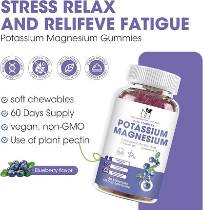 Potassium Magnesium Gummies 1800mg, Sugar-Free Potassium Gummies with Magnesium Glycinate, Taurate, Malate, Chewable Magnesium Potassium Supplements for Leg Cramps & Muscle, Heart Health (2 Pack)