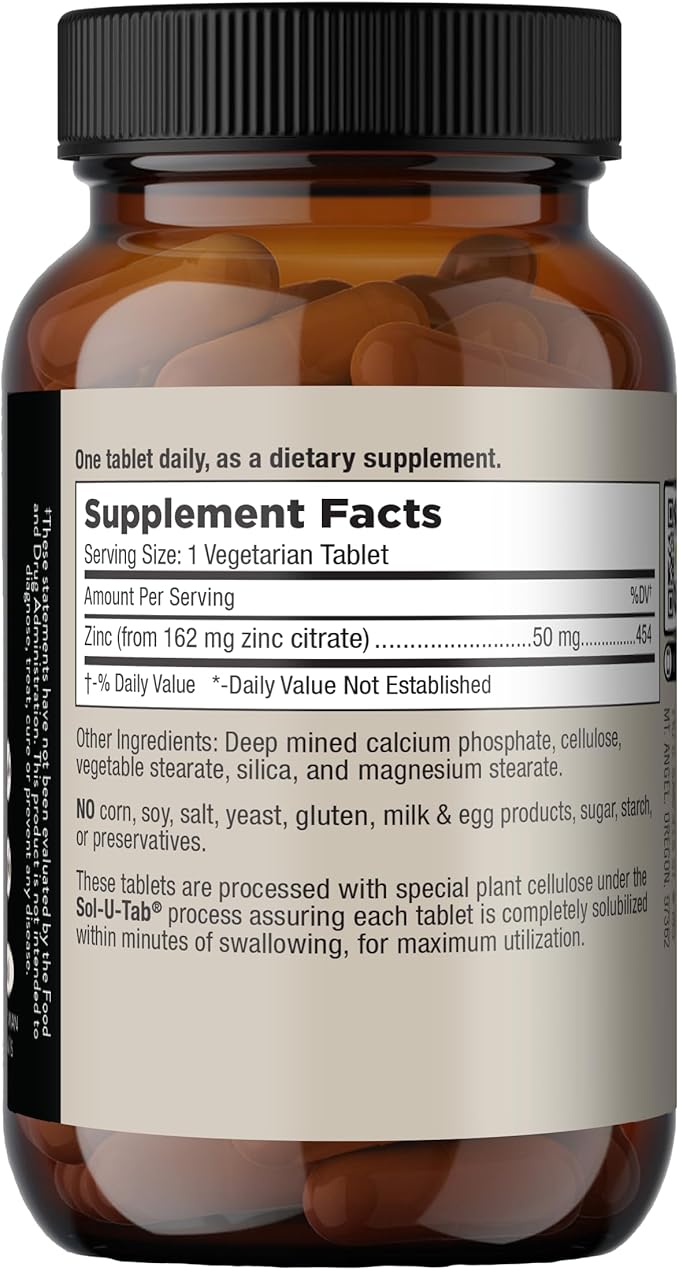 Mt. Angel Vitamins - Zinc Citrate 50mg - Zinc 50 mg Citrate Chelate - Natural Zinc Supplements Made in USA - 60 Vegetarian Tablets