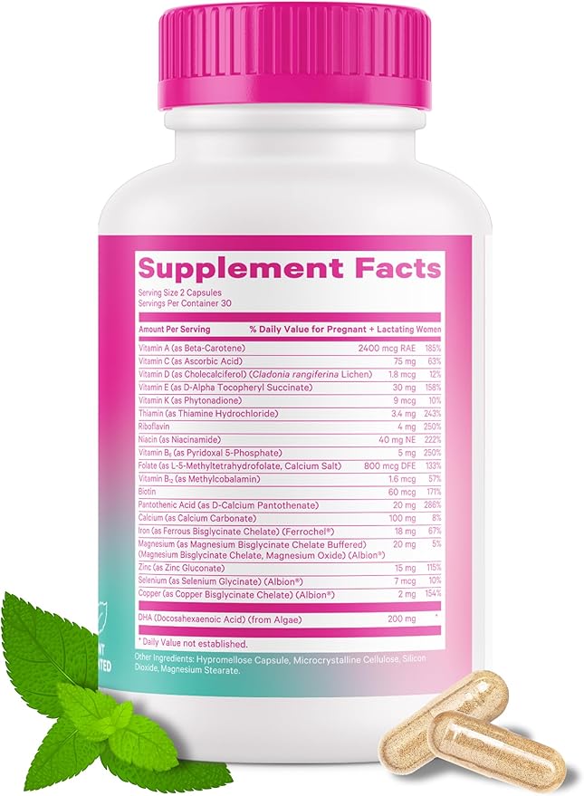 Pink Stork Total Postnatal Vitamins for Women - Mint Essenced Capsules with Vegan DHA, Iron, Folate, and Vitamin B12, Postpartum Recovery Essentials - 1 Month Supply