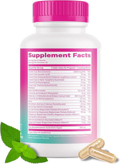 Pink Stork Total Postnatal Vitamins for Women - Mint Essenced Capsules with Vegan DHA, Iron, Folate, and Vitamin B12, Postpartum Recovery Essentials - 1 Month Supply