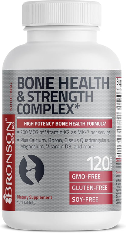 Bronson Bone Health & Strength Complex* High Potency Formula 200 MCG of Vitamin K2 as MK7, Plus Calcium, Boron, Cissus Quadrangularis, Magnesium, Vitamin D3, and More - Non-GMO, 120 Tablets