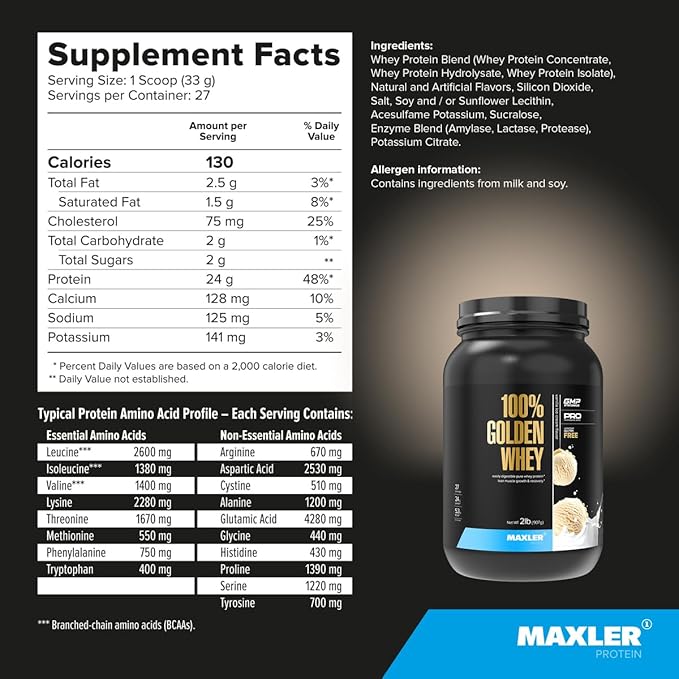 Maxler 100% Golden Whey Protein - 24g of Premium Whey Protein Powder per Serving - Pre, Post & Intra Workout - Fast-Absorbing Whey Hydrolysate, Isolate & Concentrate Blend - Vanilla Ice Cream 2 lbs