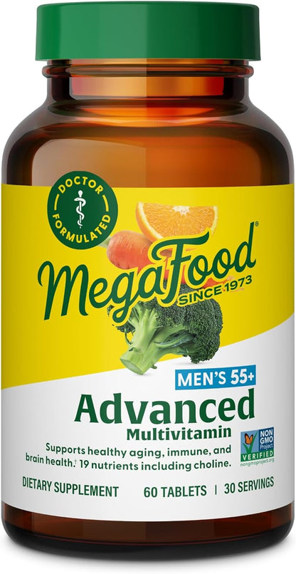 MegaFood Men's 55+ Advanced Multivitamin for Men - Doctor-Formulated -Choline, Vitamin D, Vitamin B12 – Plus Real Food – Brain Health Supplement for Adults & Immune Support - 120 Tabs (60 Servings)
