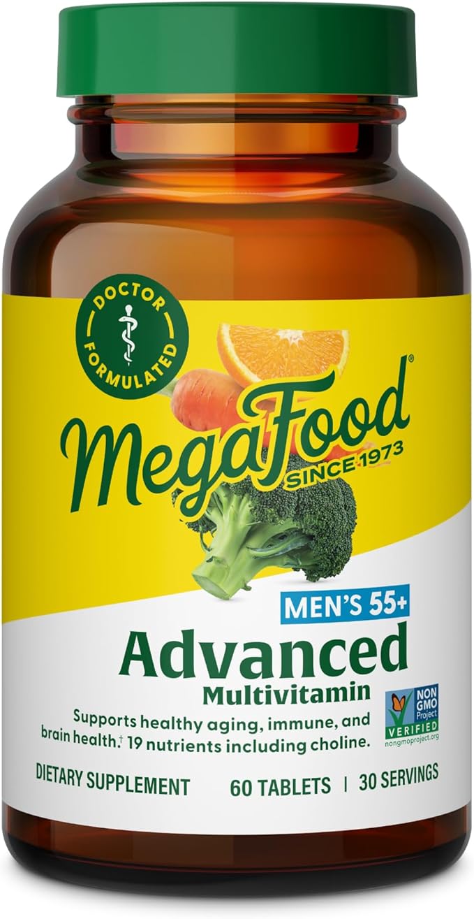 MegaFood Men's 55+ Advanced Multivitamin for Men - Doctor-Formulated -Choline, Vitamin D, Vitamin B12 – Plus Real Food – Brain Health Supplement for Adults & Immune Support - 120 Tabs (60 Servings)
